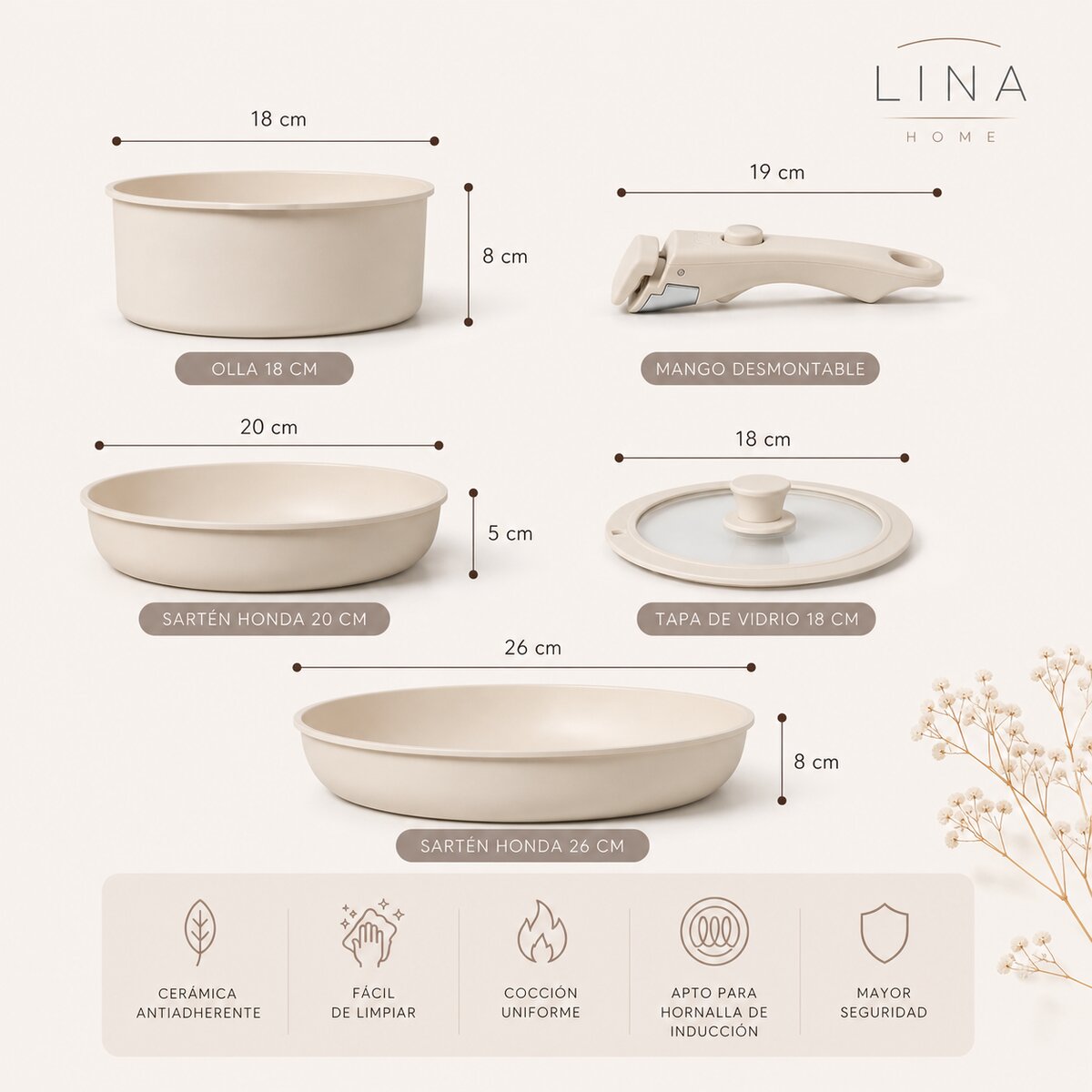 Set batería de Cocina Antiadherente 5 Piezas con Mango Desmontable