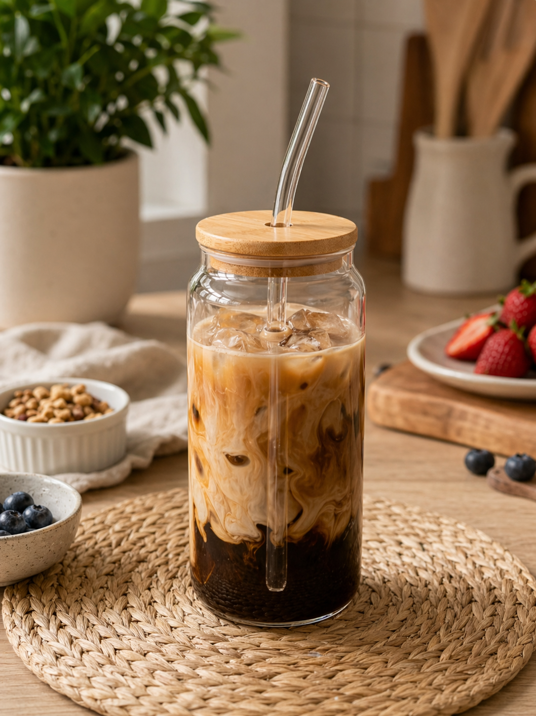 Vaso Hermético de Vidrio con Tapa de Bambú y Sorbete