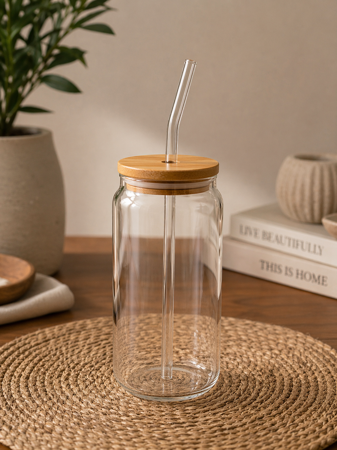 Vaso Hermético de Vidrio con Tapa de Bambú y Sorbete
